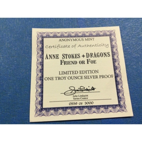 Anne Stokes Friend or Foe Dragon 1oz .999 SilverProof  COA  Limited Mintage 3000 - Picture 3 of 3